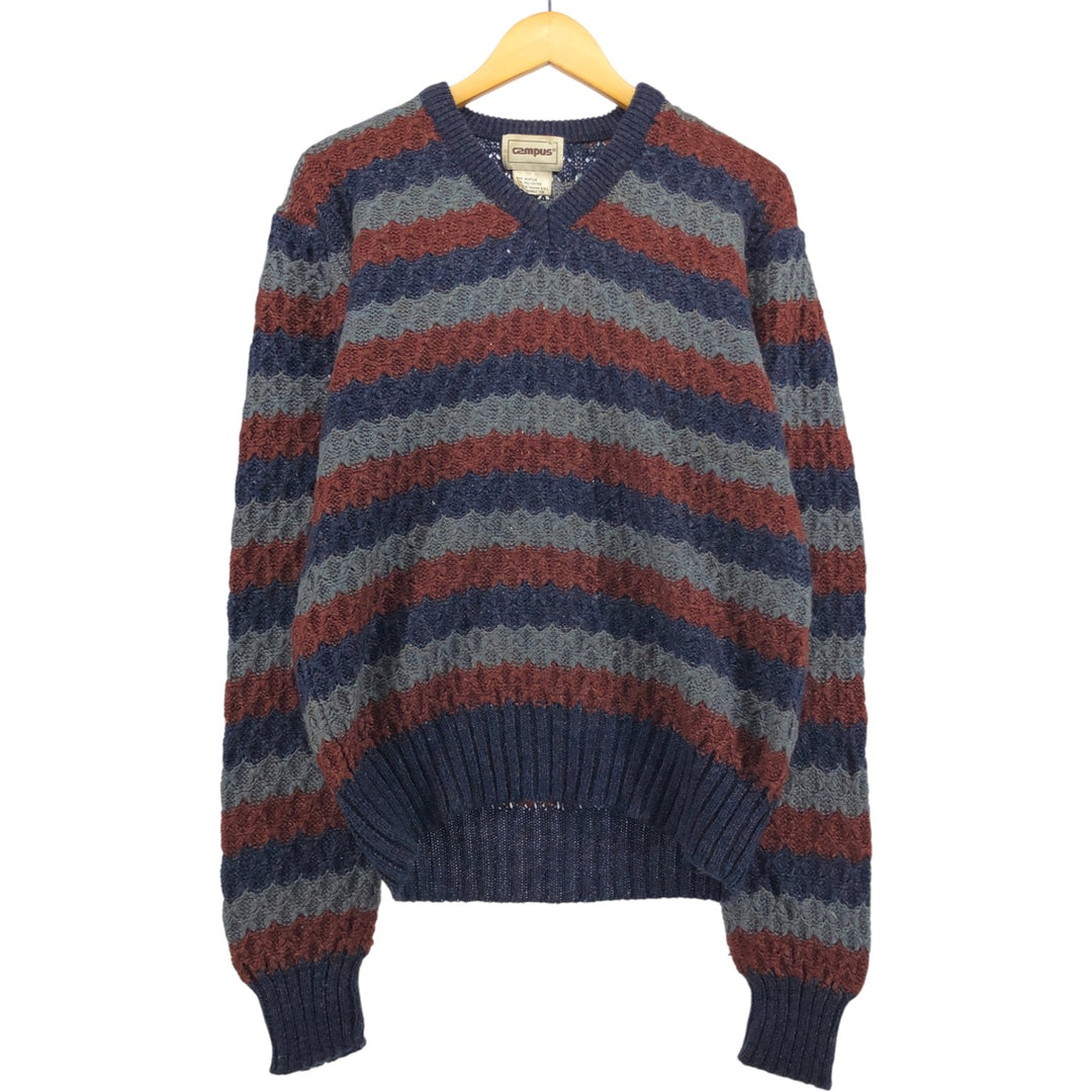 Campus Border Pattern V-neck Acrylic Knit Sweater Men's Size L acrylic navy blue type Vintage Second Hand