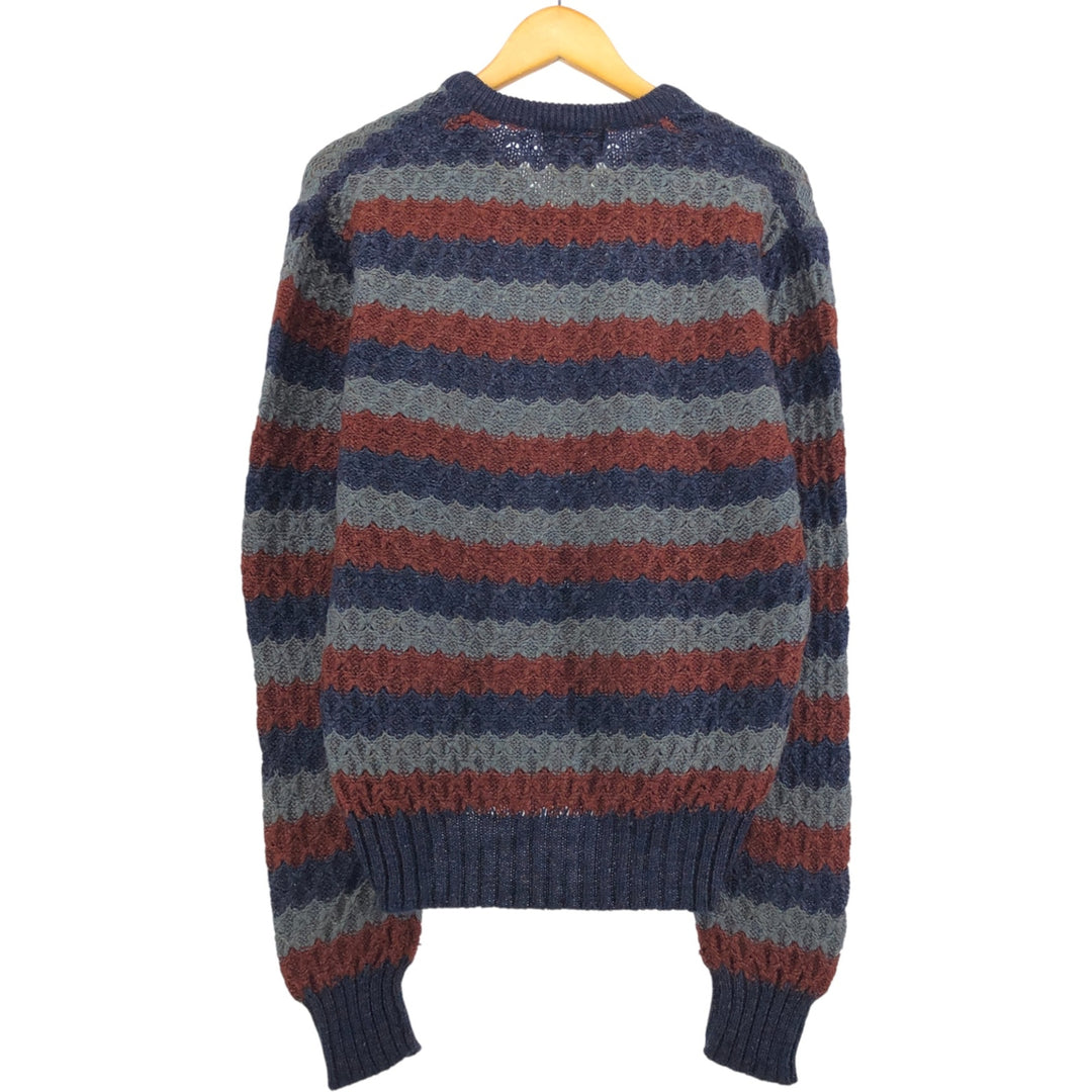 Campus Border Pattern V-neck Acrylic Knit Sweater Men's Size L acrylic navy blue type Vintage Second Hand