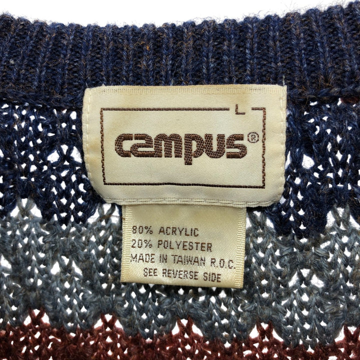 Campus Border Pattern V-neck Acrylic Knit Sweater Men's Size L acrylic navy blue type Vintage Second Hand