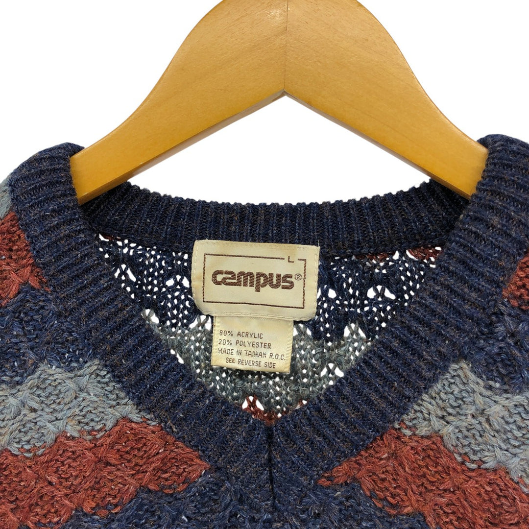 Campus Border Pattern V-neck Acrylic Knit Sweater Men's Size L acrylic navy blue type Vintage Second Hand