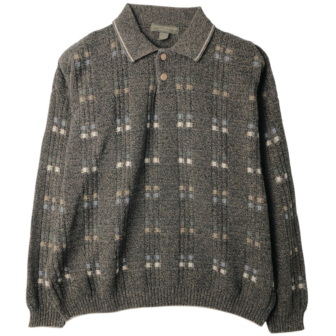 90'S LIBERTY SWEATERS all-over print polo knit sweater, made in the USA, men's size XL, vintage cotton Khaki type sage green Vintage Second Hand