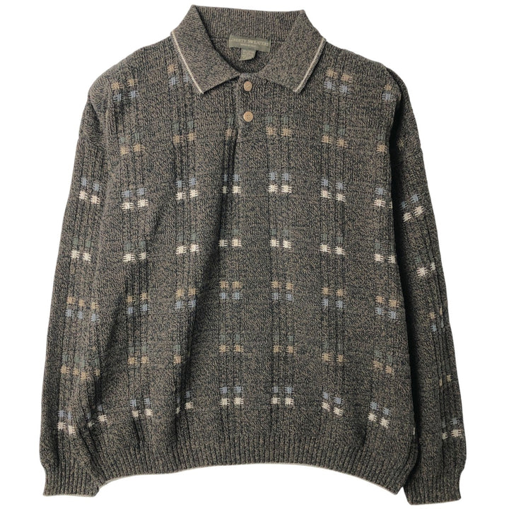 90'S LIBERTY SWEATERS all-over print polo knit sweater, made in the USA, men's size XL, vintage cotton Khaki type sage green Vintage Second Hand