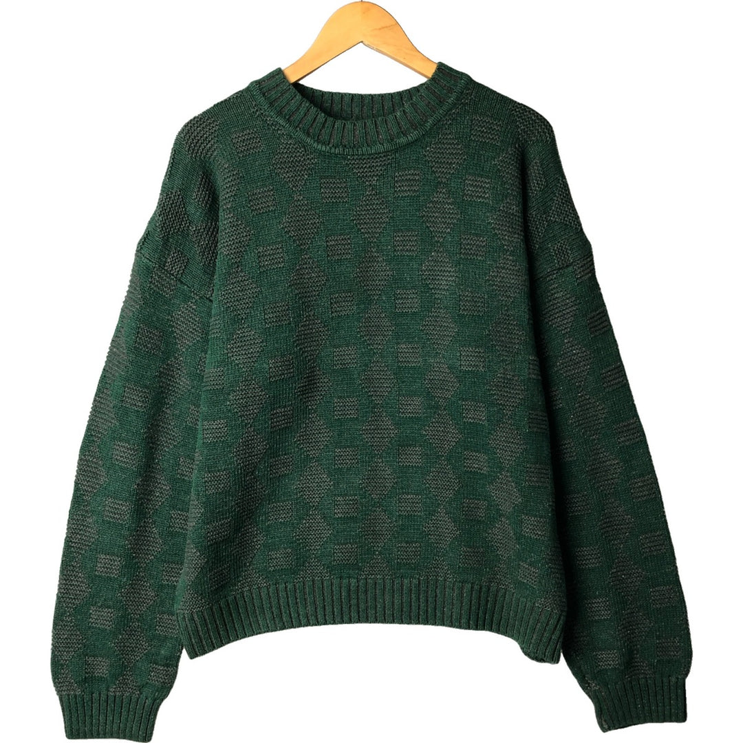 90'S BASIX all-over print cotton knit sweater, men's size L, vintage Lamy Green type dark green Vintage Second Hand