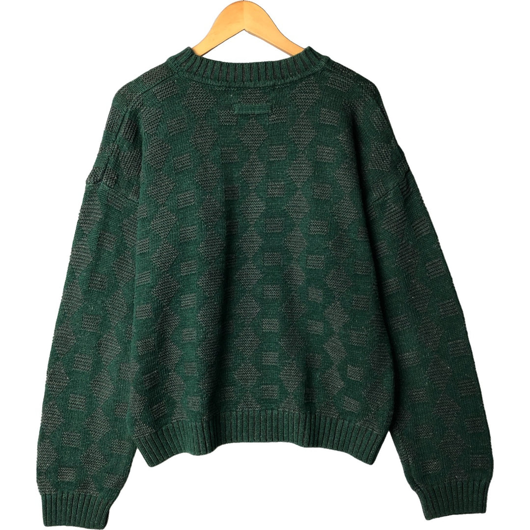 90'S BASIX all-over print cotton knit sweater, men's size L, vintage Lamy Green type dark green Vintage Second Hand