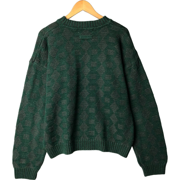 90'S BASIX all-over print cotton knit sweater, men's size L, vintage Lamy Green type dark green Vintage Second Hand