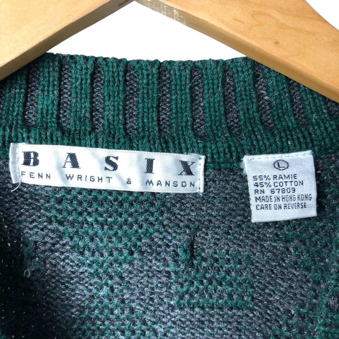 90'S BASIX all-over print cotton knit sweater, men's size L, vintage Lamy Green type dark green Vintage Second Hand