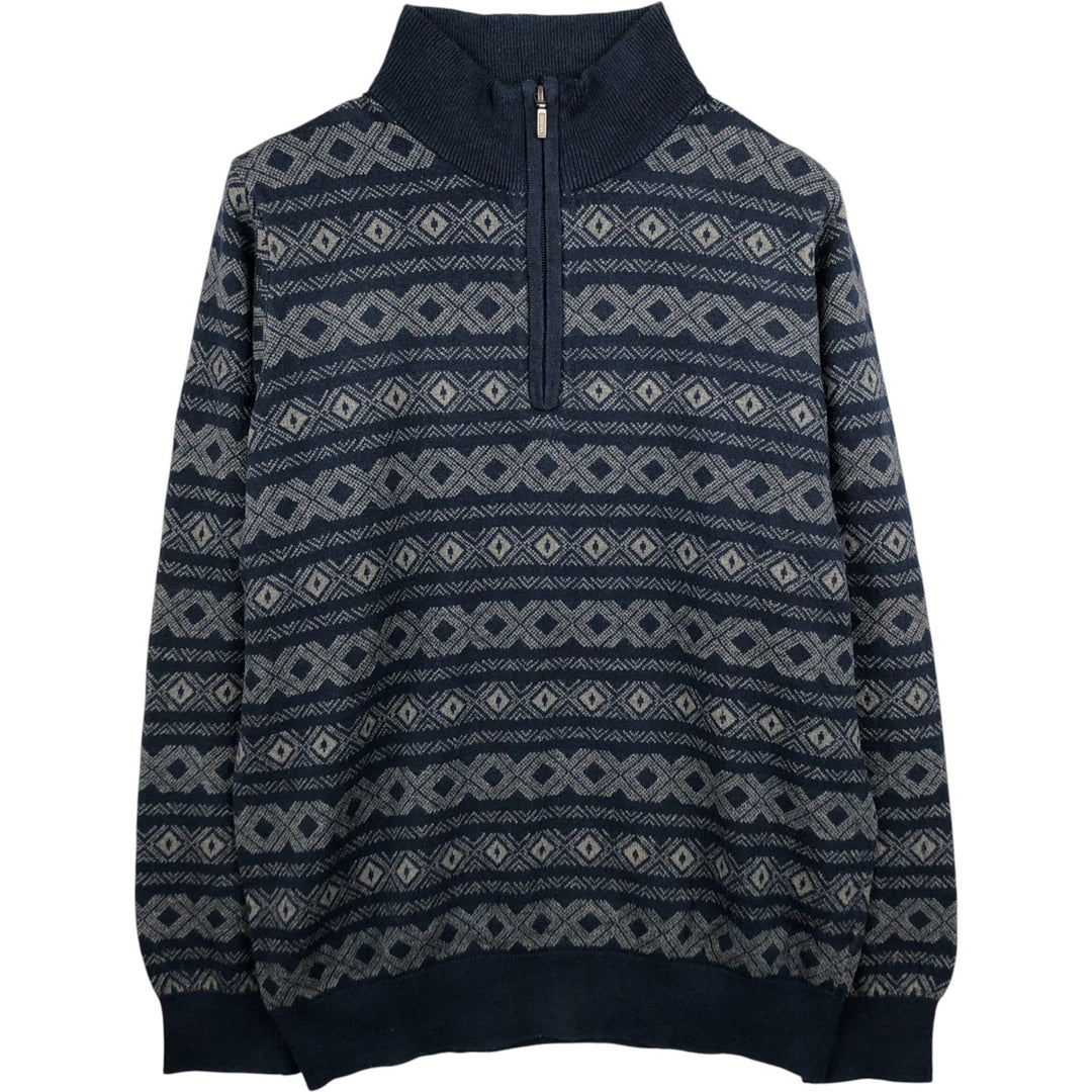 90s-00'S LLBean All-Over Print Cotton Knit Half-Zip Sweater, Men's Size Medium, Vintage cotton navy blue type Vintage Second Hand