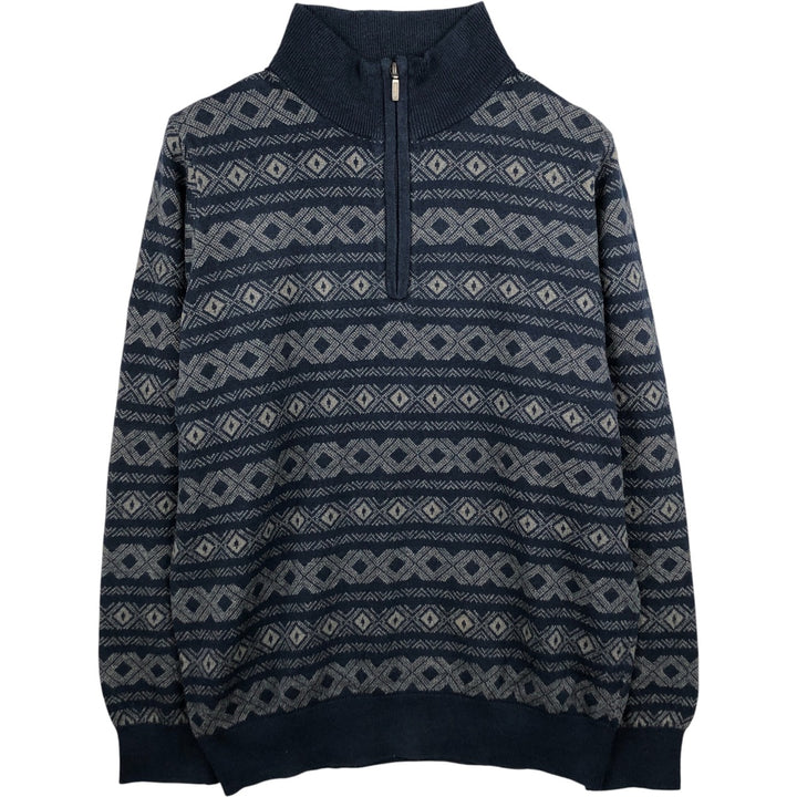 90s-00'S LLBean All-Over Print Cotton Knit Half-Zip Sweater, Men's Size Medium, Vintage cotton navy blue type Vintage Second Hand