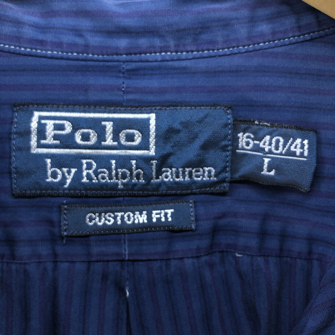 Ralph Lauren POLO by Ralph Lauren CUSTOM FIT long sleeve button down striped shirt men's size L cotton navy blue type Vintage Second Hand