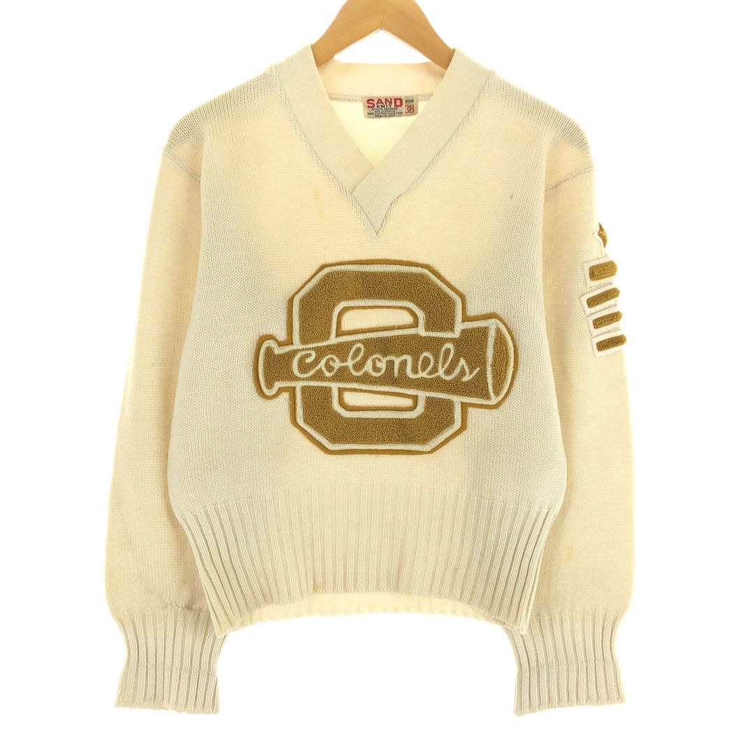 60s-70'S SAND KNIT V-neck lettered knit sweater, men's size S, vintage / eaa474181