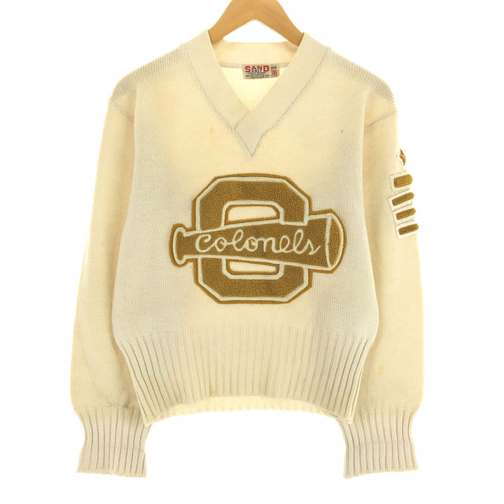 60s-70'S SAND KNIT V-neck lettered knit sweater, men's size S, vintage / eaa474181