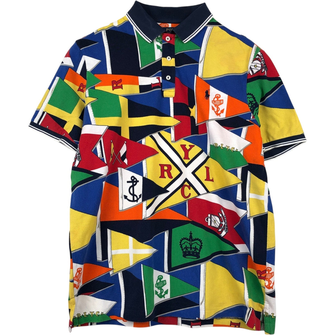 Ralph Lauren POLO RALPH LAUREN CLASSIC FIT all-over print short-sleeved polo shirt, men's size L cotton navy blue type Vintage Second Hand