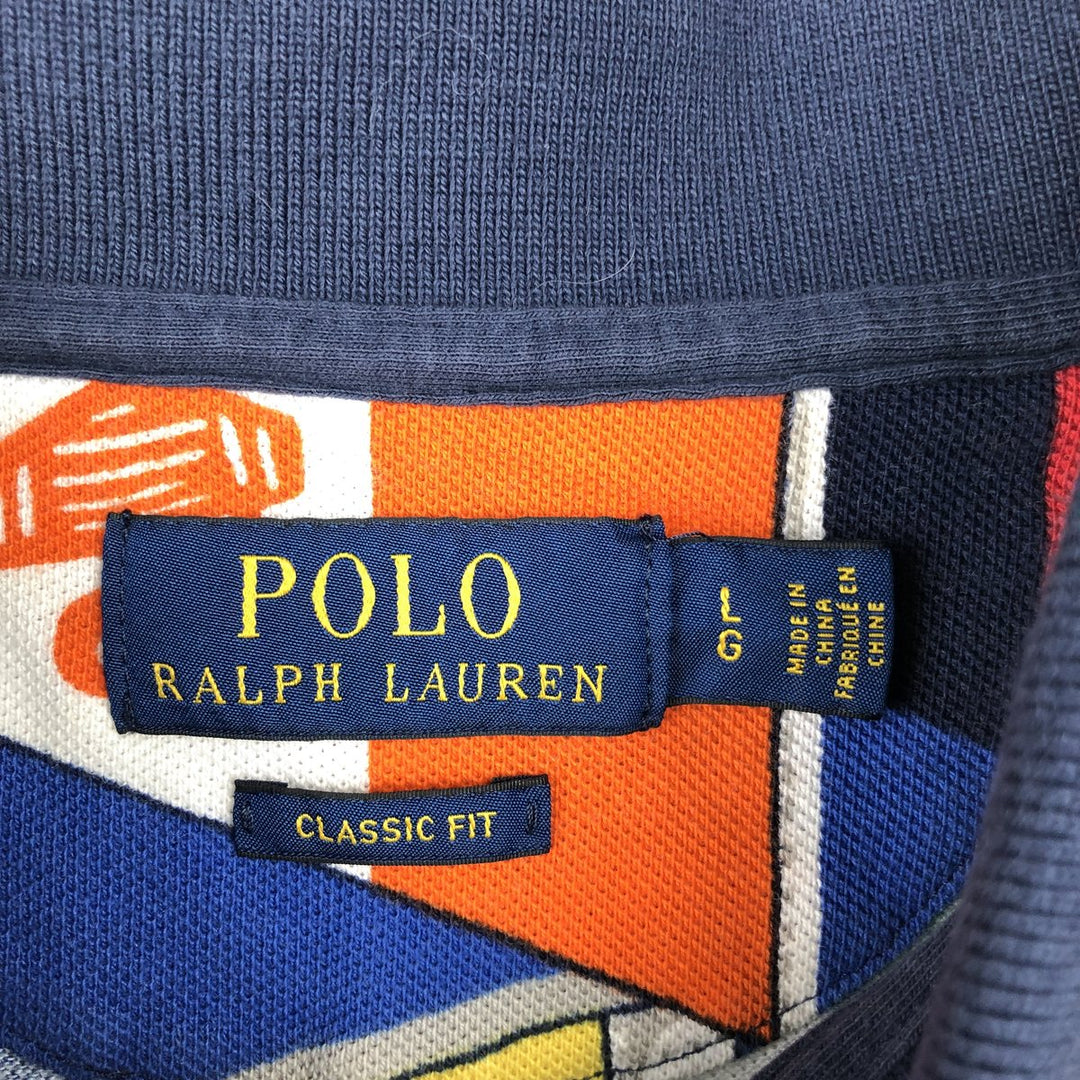 Ralph Lauren POLO RALPH LAUREN CLASSIC FIT all-over print short-sleeved polo shirt, men's size L cotton navy blue type Vintage Second Hand