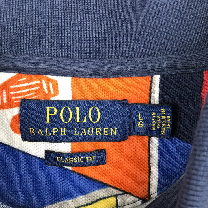 Ralph Lauren POLO RALPH LAUREN CLASSIC FIT all-over print short-sleeved polo shirt, men's size L cotton navy blue type Vintage Second Hand