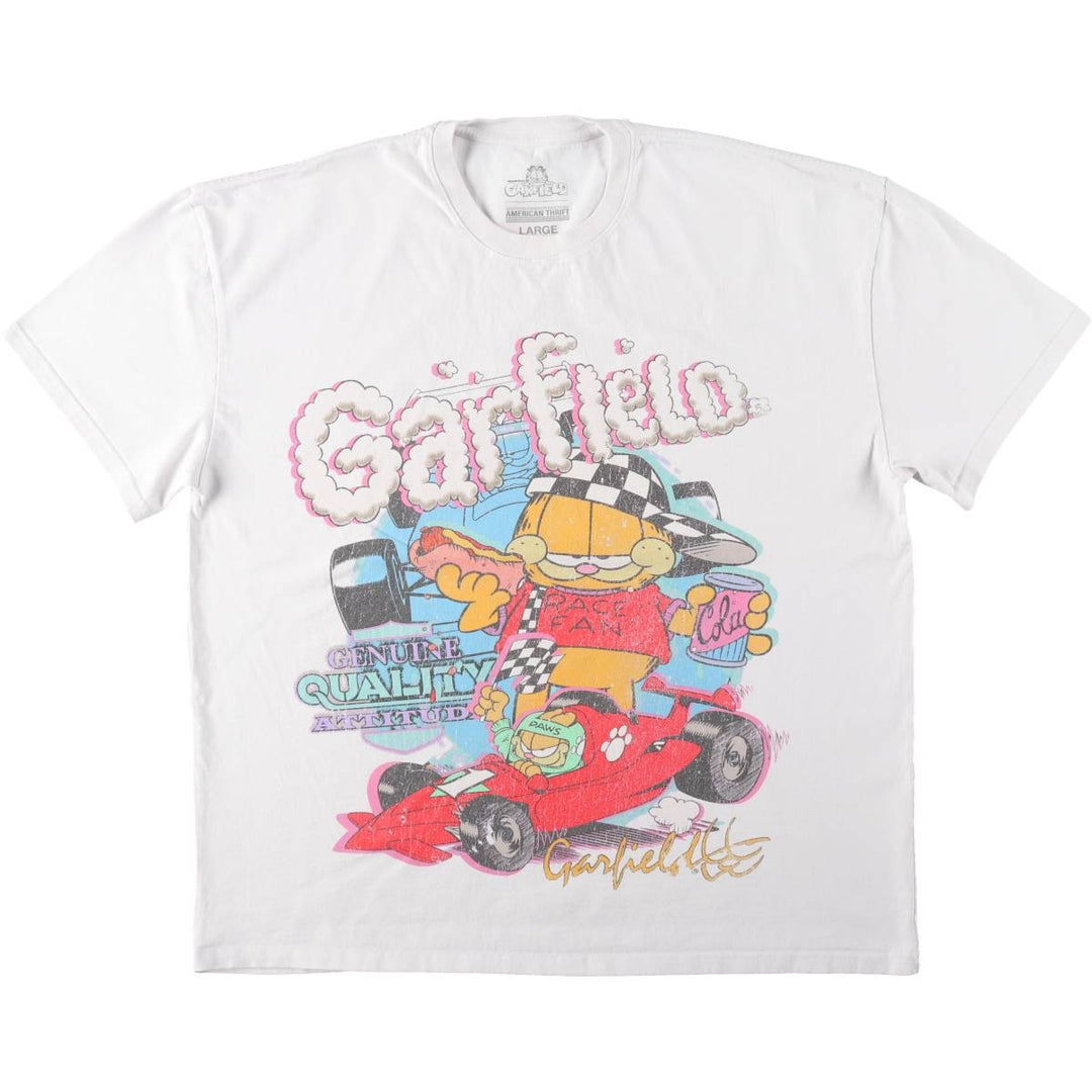 Garfield character print T-shirt, men's size L (approx.) cotton white type Vintage Second Hand
