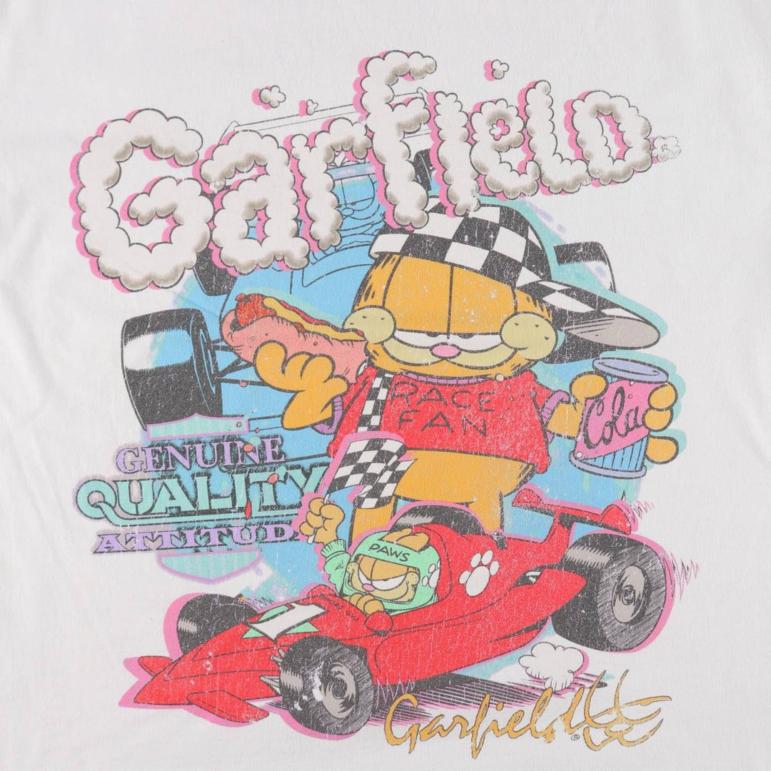 Garfield character print T-shirt, men's size L (approx.) cotton white type Vintage Second Hand