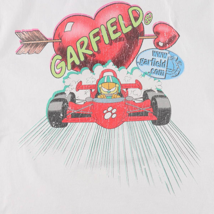 Garfield character print T-shirt, men's size L (approx.) cotton white type Vintage Second Hand