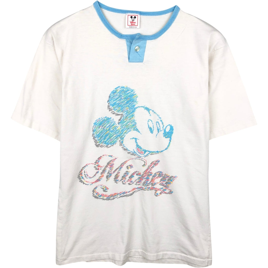 80'S Disney Wear Mickey Mouse Henley Neck Character Print T-Shirt, Made in USA, Men's Size M (approx.), Vintage cotton white type Vintage Second Hand