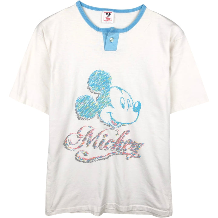 80'S Disney Wear Mickey Mouse Henley Neck Character Print T-Shirt, Made in USA, Men's Size M (approx.), Vintage cotton white type Vintage Second Hand