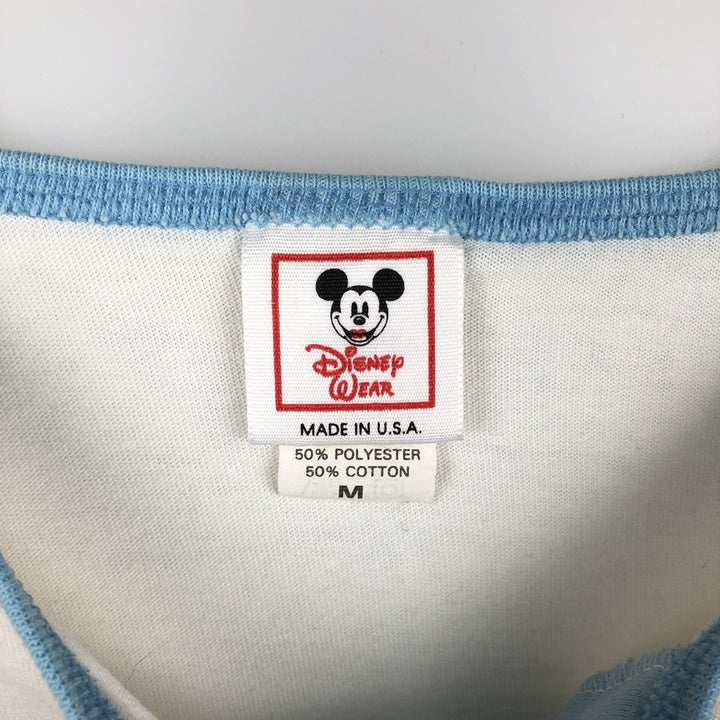 80'S Disney Wear Mickey Mouse Henley Neck Character Print T-Shirt, Made in USA, Men's Size M (approx.), Vintage cotton white type Vintage Second Hand
