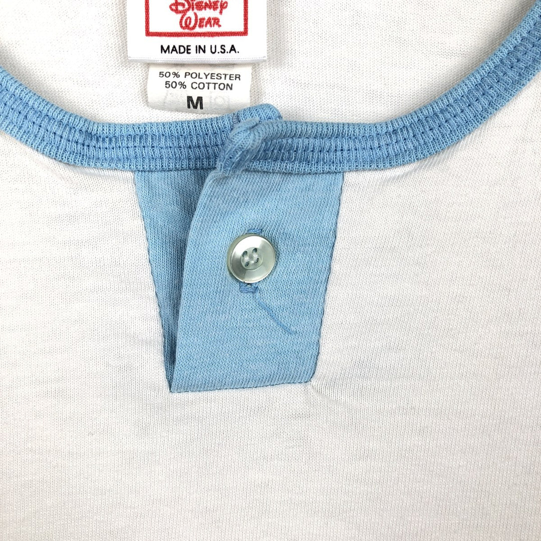 80'S Disney Wear Mickey Mouse Henley Neck Character Print T-Shirt, Made in USA, Men's Size M (approx.), Vintage cotton white type Vintage Second Hand