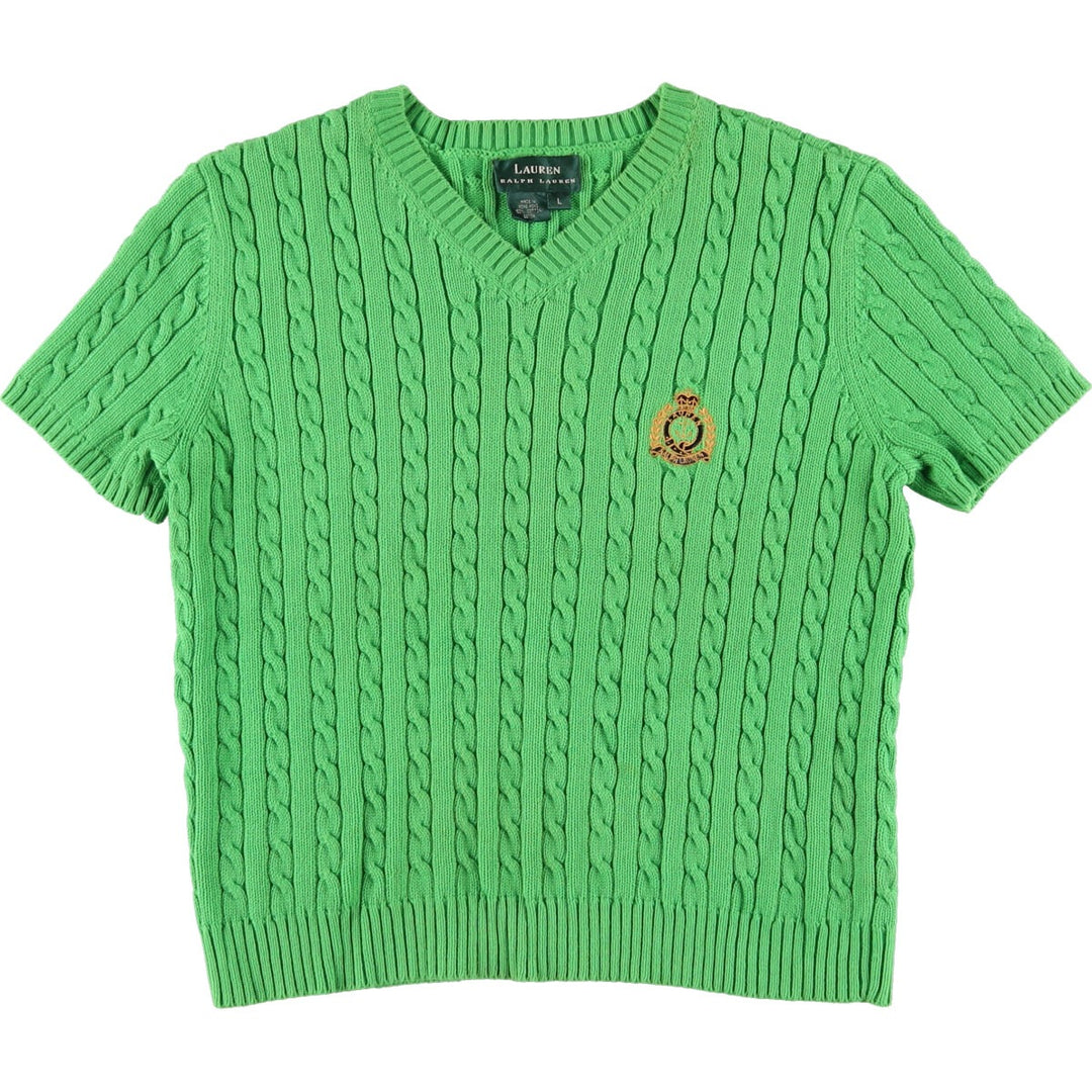 Ralph Lauren Cable Knit V-Neck Short Sleeve Cotton Knit Sweater Women's S Size / eaa475303