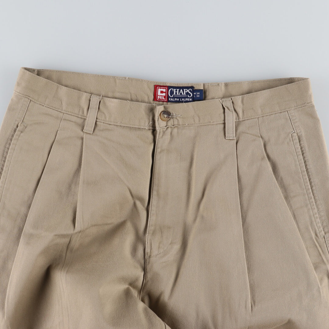 90'S Ralph Lauren CHAPS Two-pleat Chino Pants for Men, W35, Vintage cotton Khaki type beige Vintage Second Hand