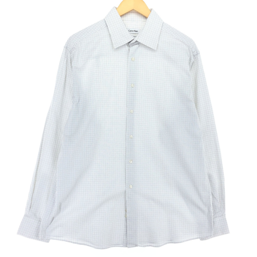 Calvin Klein wide-collar long-sleeved cotton check shirt, men's size L cotton white type Vintage Second Hand