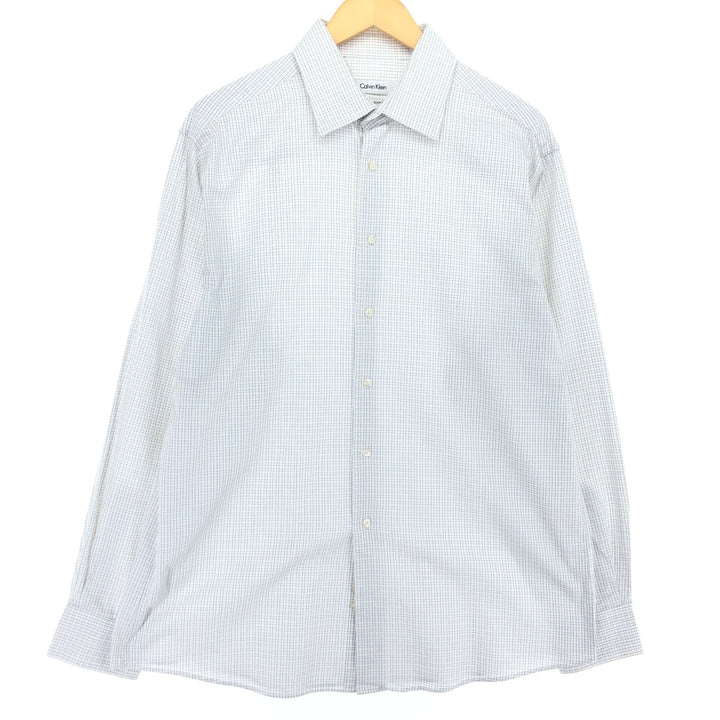 Calvin Klein wide-collar long-sleeved cotton check shirt, men's size L cotton white type Vintage Second Hand