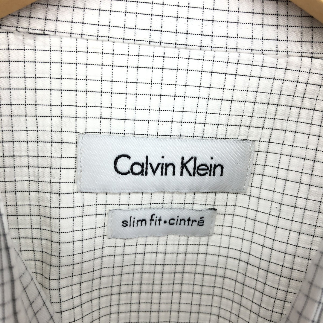 Calvin Klein wide-collar long-sleeved cotton check shirt, men's size L cotton white type Vintage Second Hand