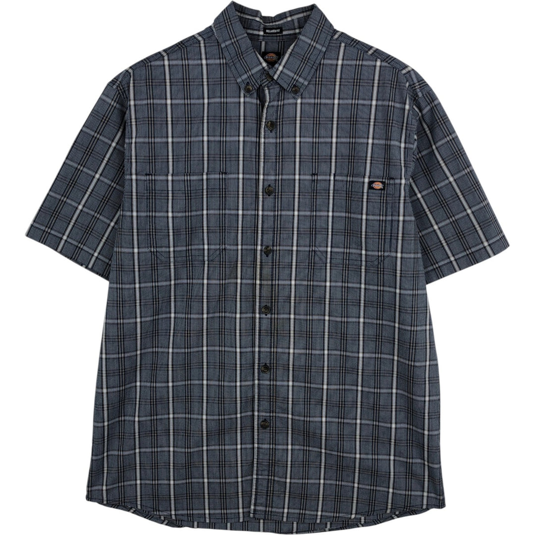 Dickies Relaxed Fit Check Pattern Button-Down Short-Sleeve Work Shirt (Men's Size M) cotton navy blue type Vintage Second Hand
