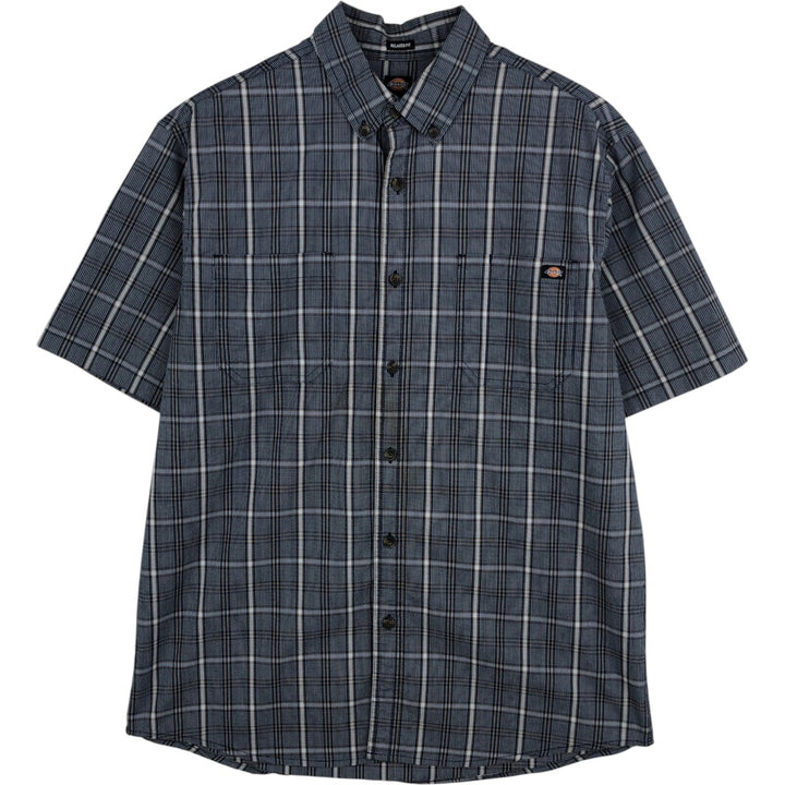 Dickies Relaxed Fit Check Pattern Button-Down Short-Sleeve Work Shirt (Men's Size M) cotton navy blue type Vintage Second Hand