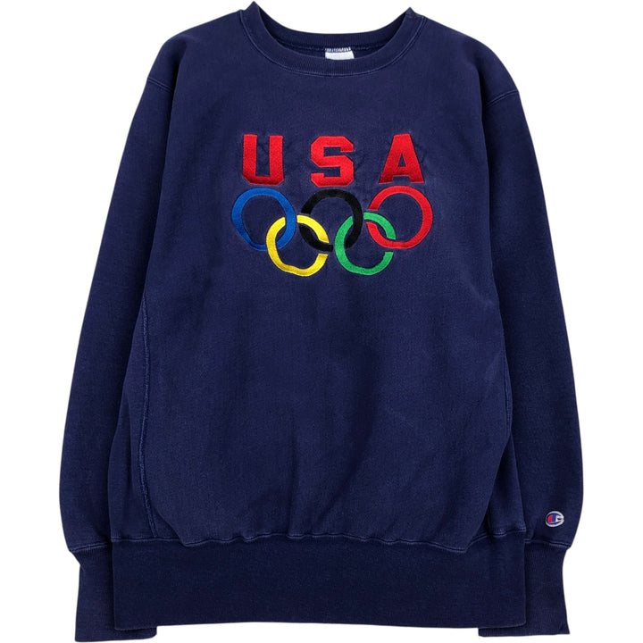 90'S Champion Reverse Weave Embroidered Tag Olympic Logo Sweatshirt, Made in USA, Men's Size L (approx.) cotton navy blue type Vintage Second Hand