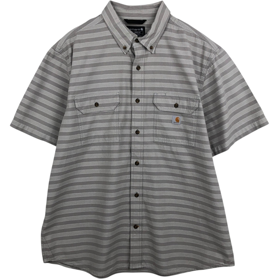 Carhartt Loose Fit Striped Pattern Button-Down Short-Sleeve Work Shirt (Men's XL equivalent) cotton gray type Vintage Second Hand