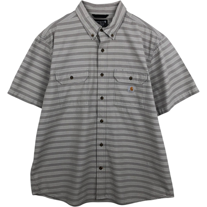 Carhartt Loose Fit Striped Pattern Button-Down Short-Sleeve Work Shirt (Men's XL equivalent) cotton gray type Vintage Second Hand