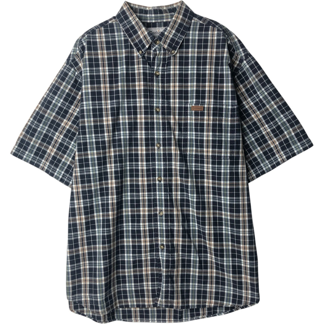 Carhartt Check Pattern Button-down Short Sleeve Work Shirt, Men's XL cotton navy blue type Vintage Second Hand