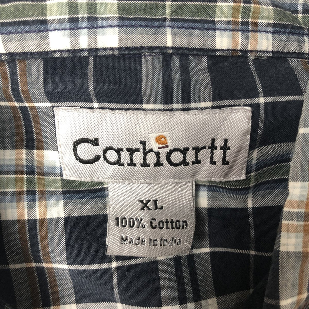 Carhartt Check Pattern Button-down Short Sleeve Work Shirt, Men's XL cotton navy blue type Vintage Second Hand