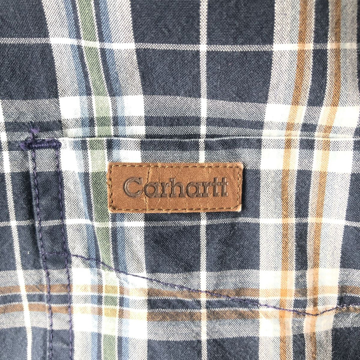 Carhartt Check Pattern Button-down Short Sleeve Work Shirt, Men's XL cotton navy blue type Vintage Second Hand