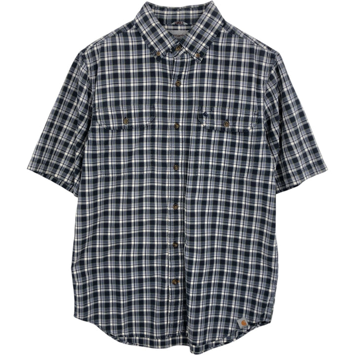 Carhartt Relaxed Fit Check Pattern Button-down Short Sleeve Work Shirt, Men's Medium cotton navy blue type Vintage Second Hand