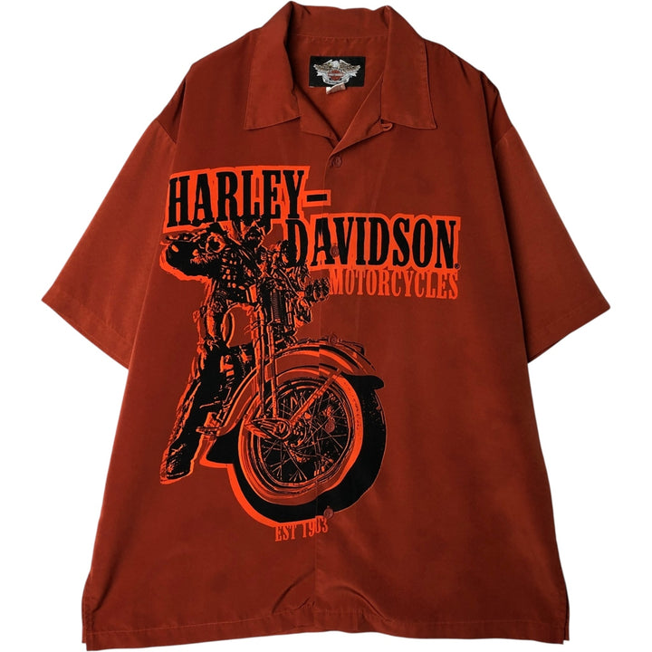 Harley-Davidson Open Collar Large Print Short Sleeve Work Shirt Box Shirt Men's XL Equivalent polyester orange type Vintage Second Hand