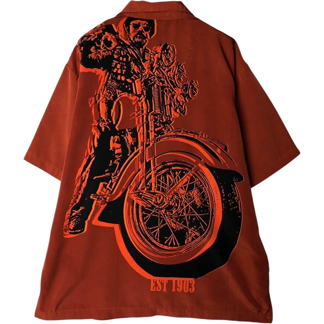 Harley-Davidson Open Collar Large Print Short Sleeve Work Shirt Box Shirt Men's XL Equivalent polyester orange type Vintage Second Hand