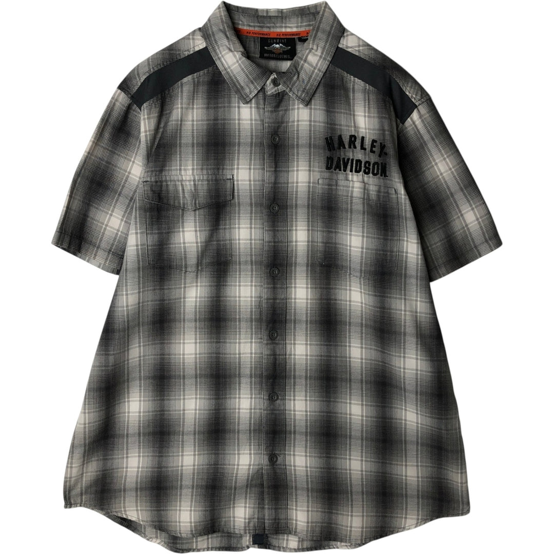 Harley-Davidson Ombre Check Hidden Button-Down Short-Sleeve Work Shirt, Men's Size XL (approx.) cotton gray type Vintage Second Hand