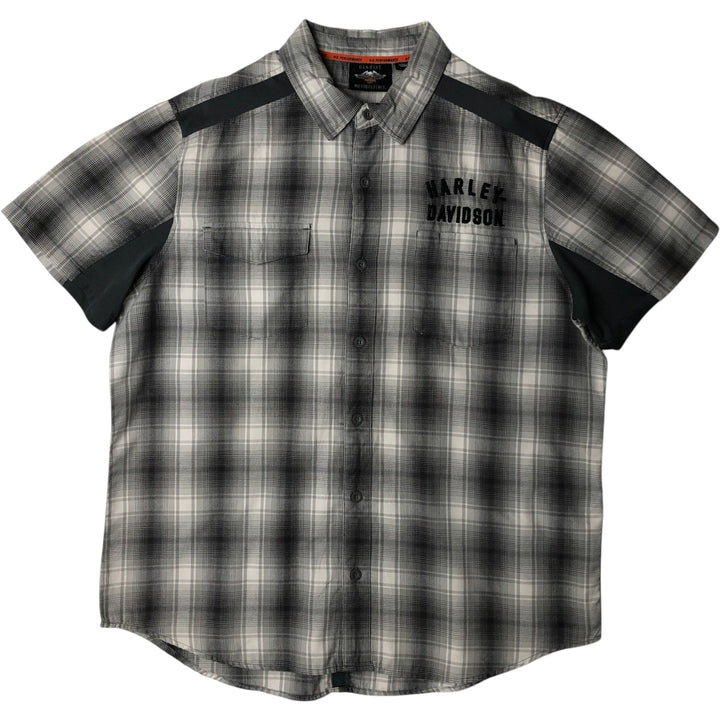 Harley-Davidson Ombre Check Hidden Button-Down Short-Sleeve Work Shirt, Men's Size XL (approx.) cotton gray type Vintage Second Hand
