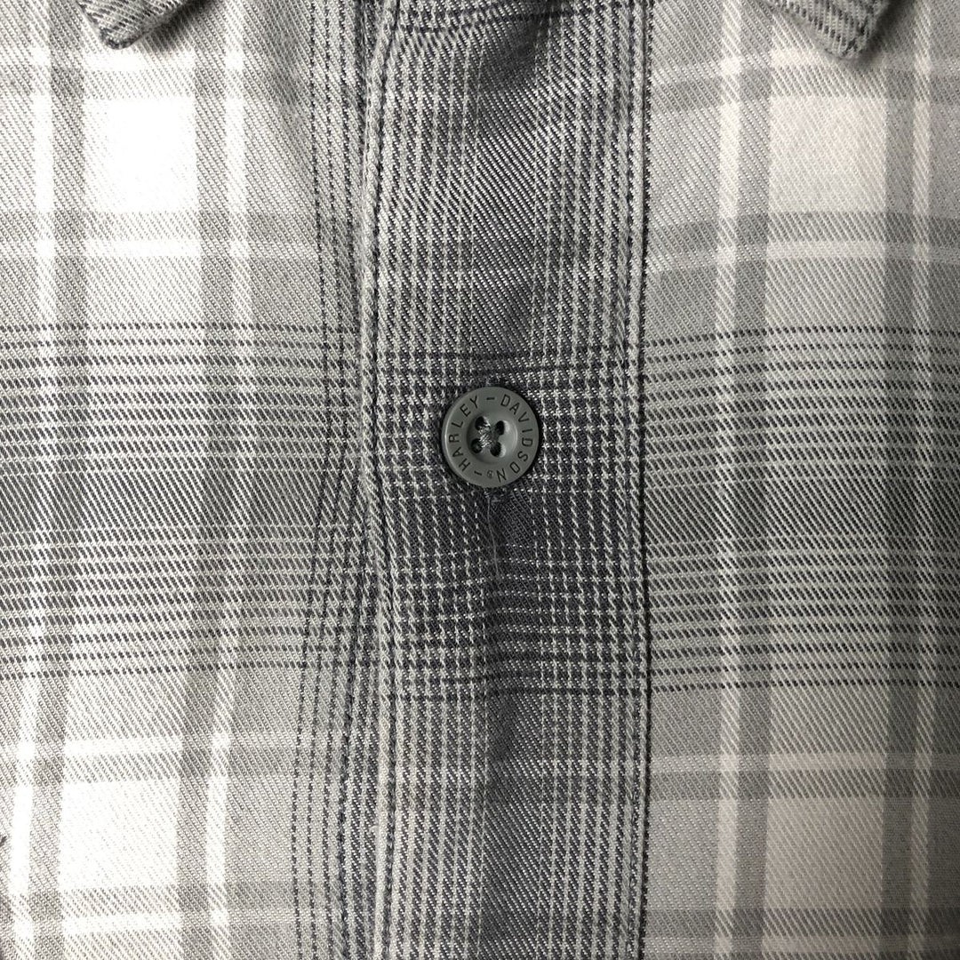Harley-Davidson Ombre Check Hidden Button-Down Short-Sleeve Work Shirt, Men's Size XL (approx.) cotton gray type Vintage Second Hand