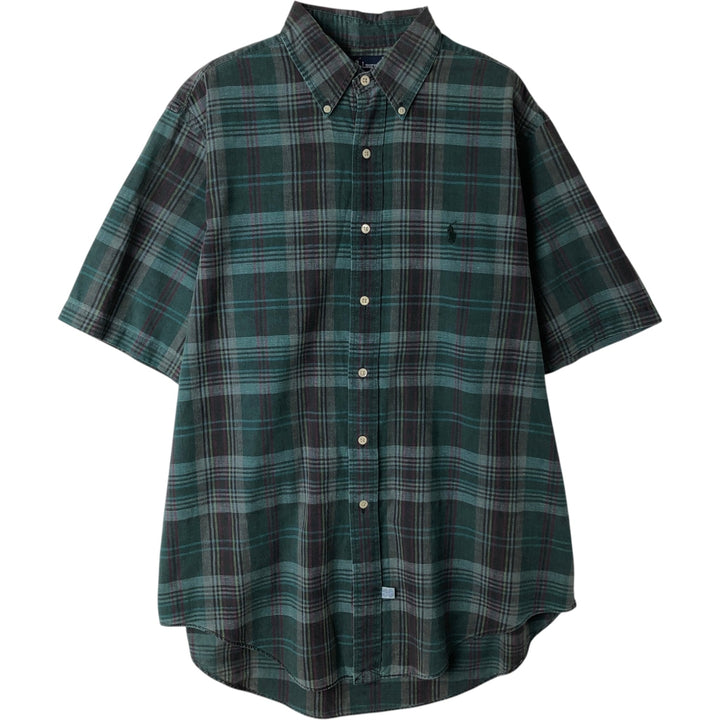 Ralph Lauren short sleeve button down check shirt, men's size L cotton green type Vintage Second Hand