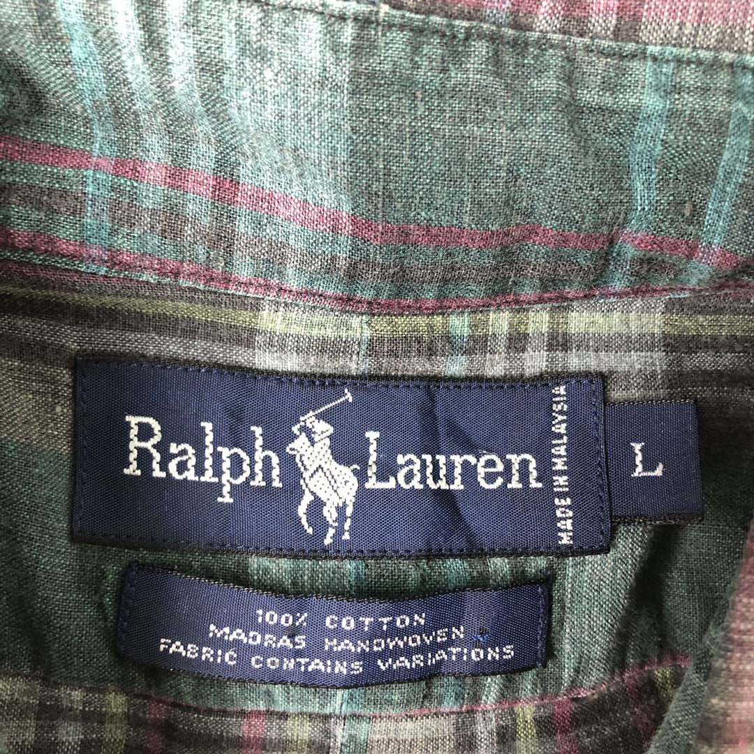 Ralph Lauren short sleeve button down check shirt, men's size L cotton green type Vintage Second Hand