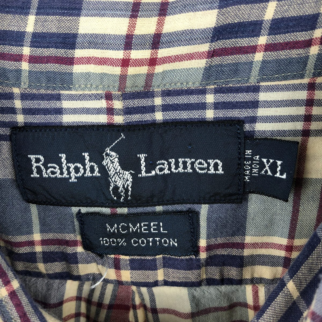 Ralph Lauren MCMEEL Short-Sleeve Button-Down Check Shirt, Men's Size XL (approx.) cotton navy blue type Vintage Second Hand