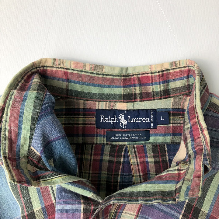 Ralph Lauren short sleeve button down check shirt, men's size L cotton Blue type light blue Vintage Second Hand
