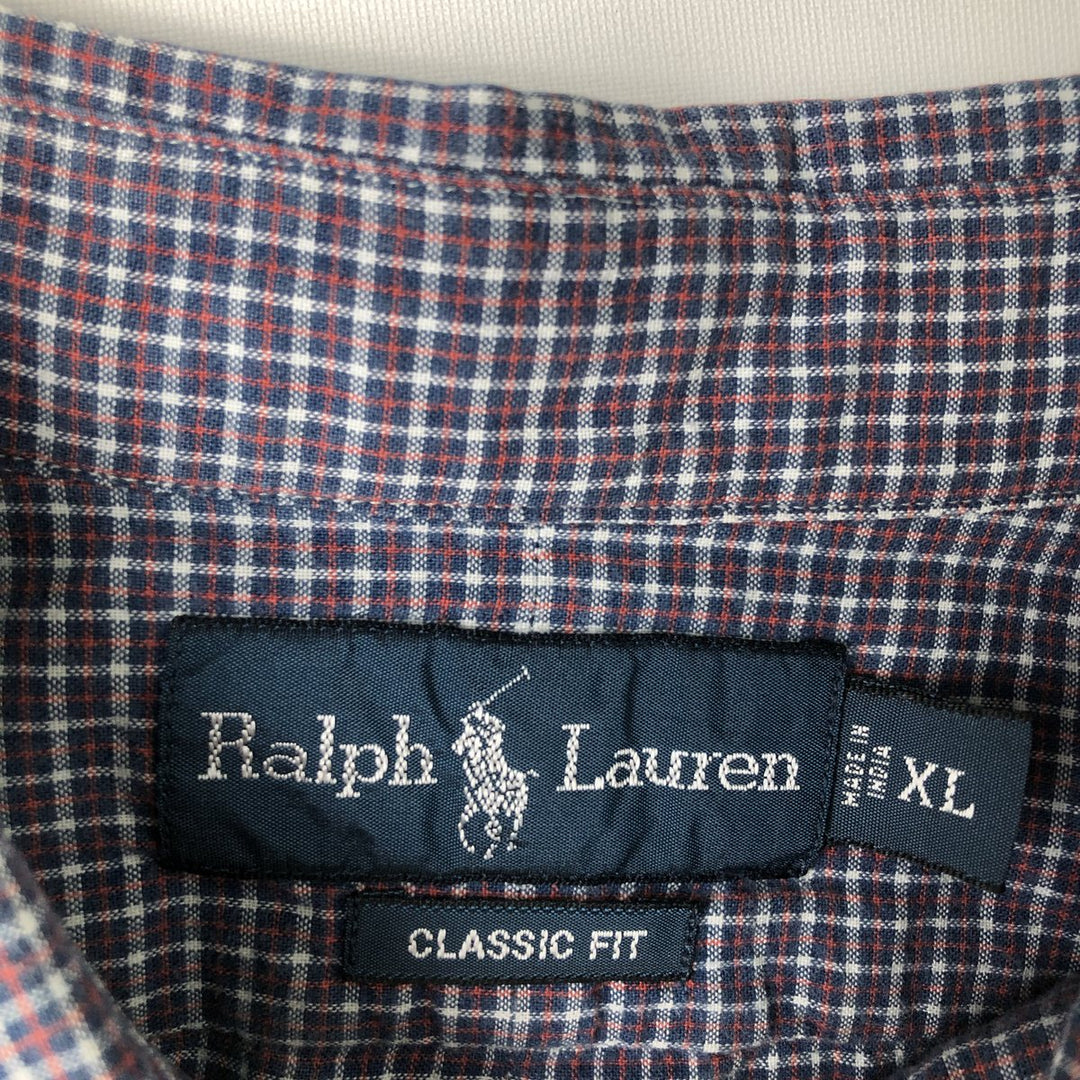 Ralph Lauren Classic Fit Short Sleeve Button Down Check Shirt Men's XL cotton navy blue type Vintage Second Hand