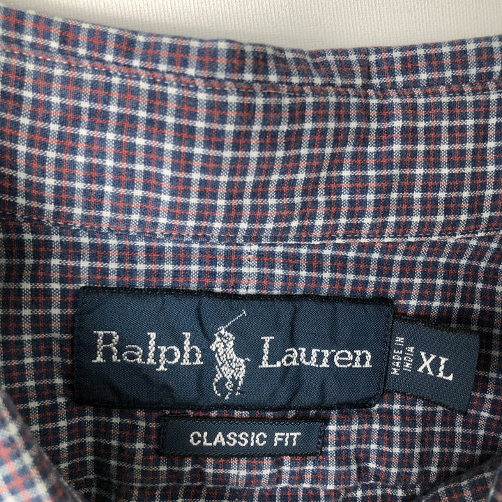 Ralph Lauren Classic Fit Short Sleeve Button Down Check Shirt Men's XL cotton navy blue type Vintage Second Hand